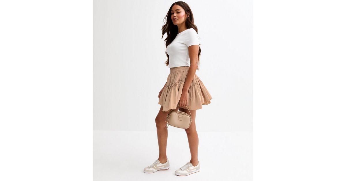 Petite Stone Parachute Gathered Peplum Hem Mini Skirt New Look