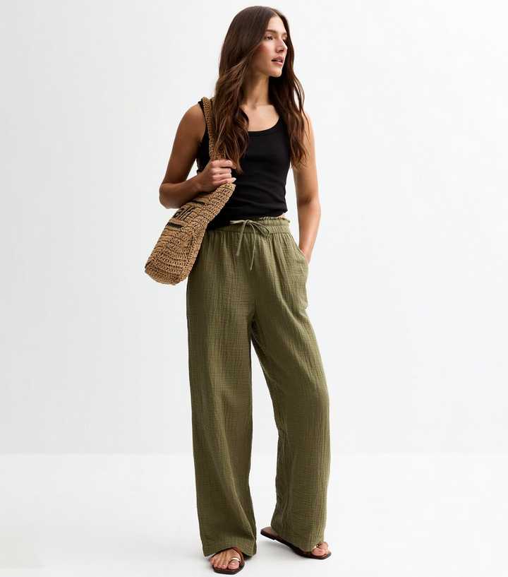 Khaki Double Cloth Wide Leg Trousers