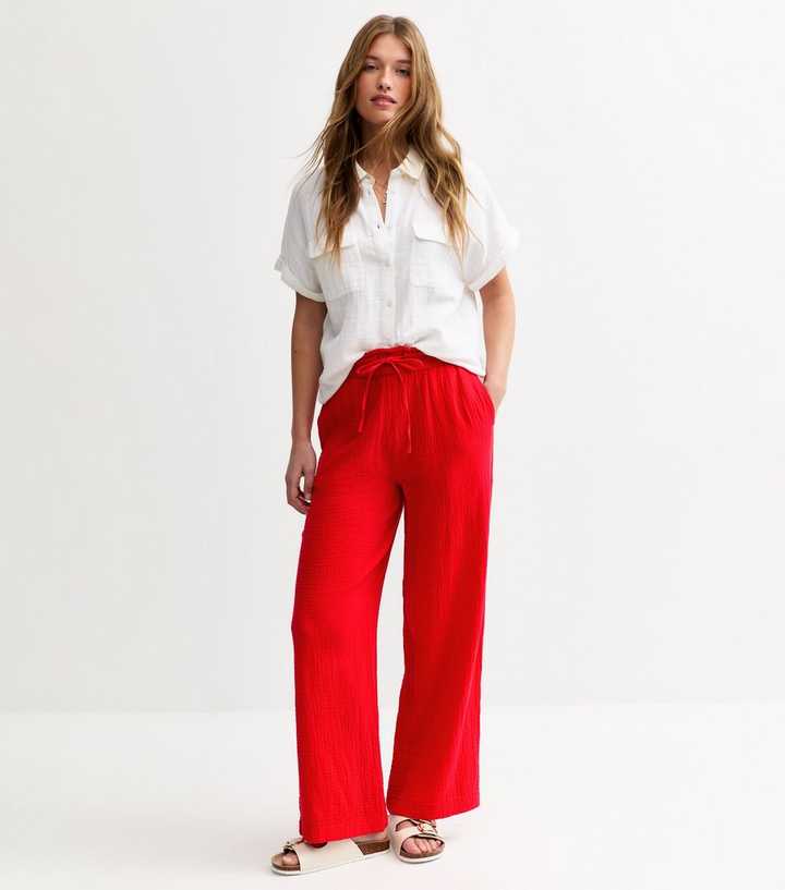 Bright Red Double Cloth Wide Leg Trousers