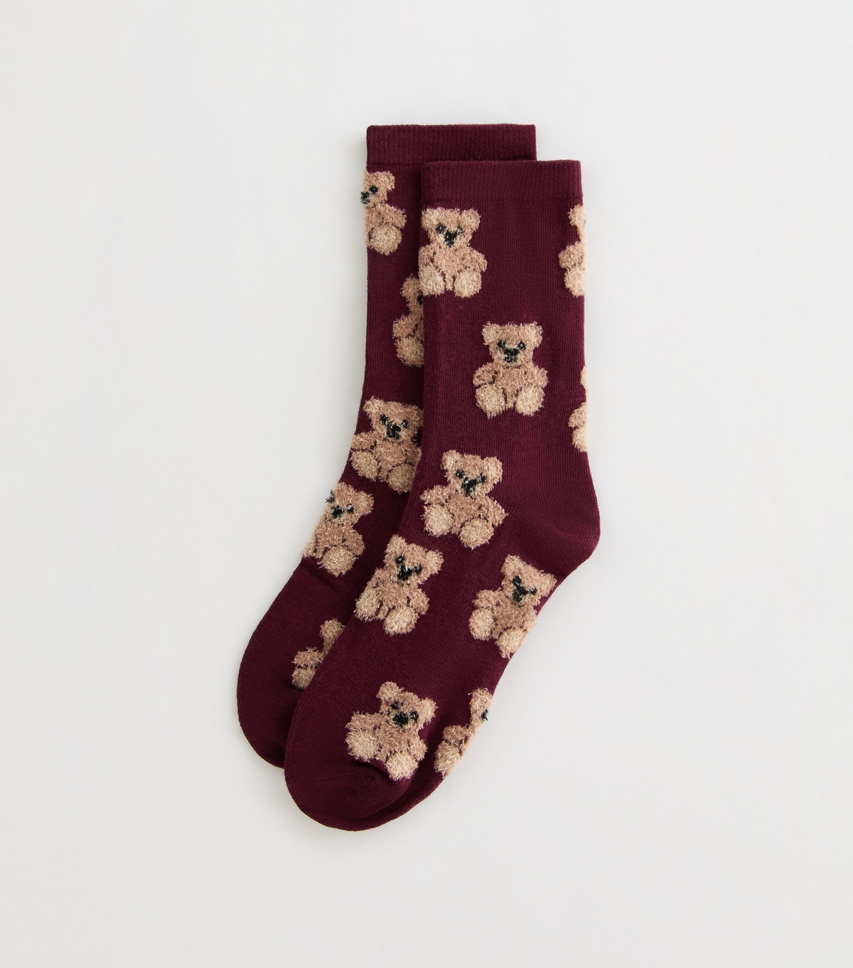 Burgundy Boucle Teddy Bear Socks New Look