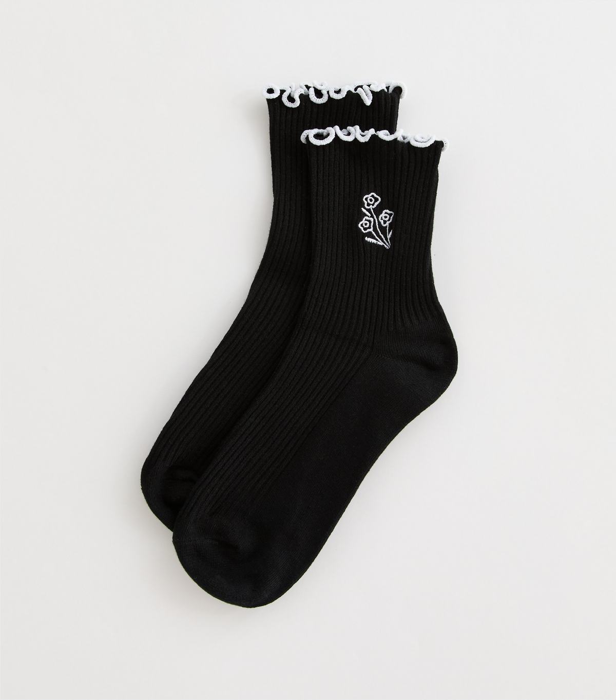 Black Ribbed Floral Embroidered Frill Trim Socks New Look