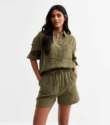 Khaki Green Textured Drawstring Waist Shorts