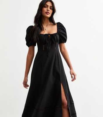 Black Puff Sleeve Slit Hem Midi Dress