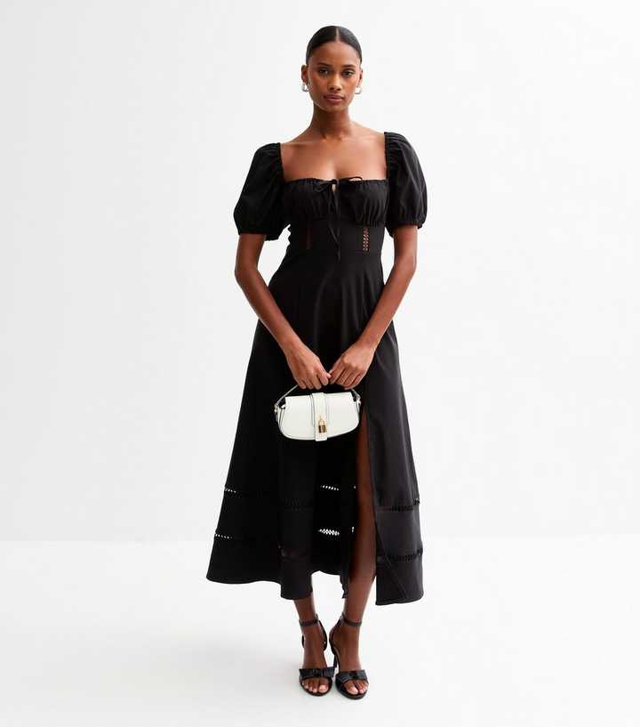 Black Puff Sleeve Slit Hem Milkmaid Midi Dress