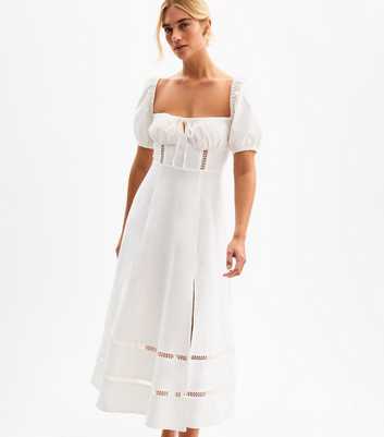 White Puff Sleeve Slit Hem Milkmaid Midi Dress