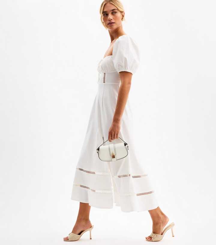 park avenue flutter sleeve side split midi dress ivory Puff Sleeves White Slit Midi Dress Selfie Due_for_release