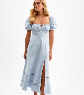 Light Blue Puff Sleeve Slit Hem Midi Dress