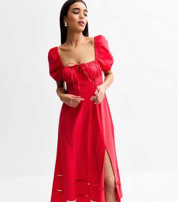 Red Puff Sleeve Slit Hem Midi Dress