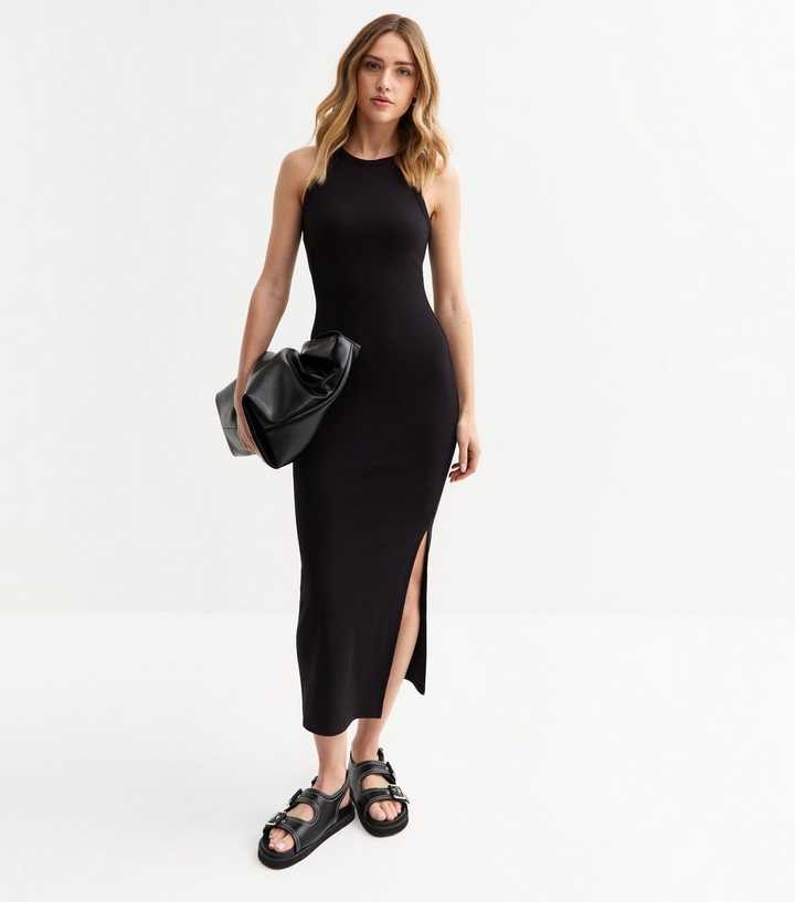 new look black ribbed dress Petite Black Ribbed Henley Midi Dress