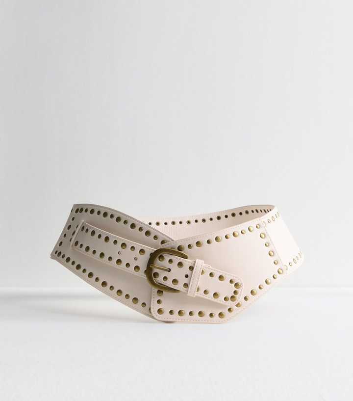 Cream Wide Studded Waist Belt