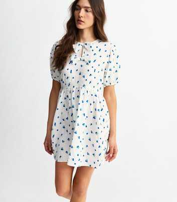 White Textured Blueberry Print Bow Mini Dress