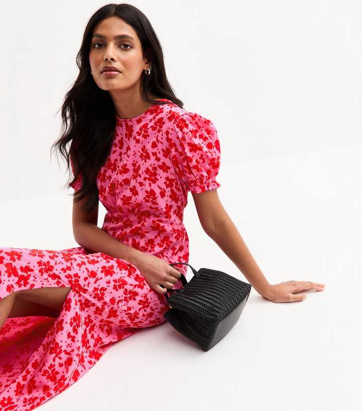 Pink Floral Print Midi Dress