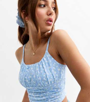 Girls Blue Floral Print Ruched Cami Top