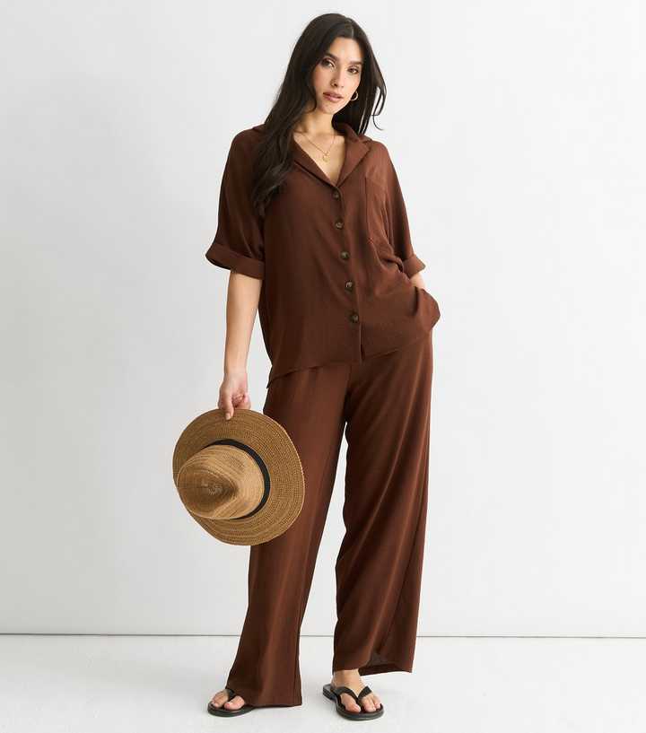Gini London Brown Elasticated Waist Wide Leg Trousers