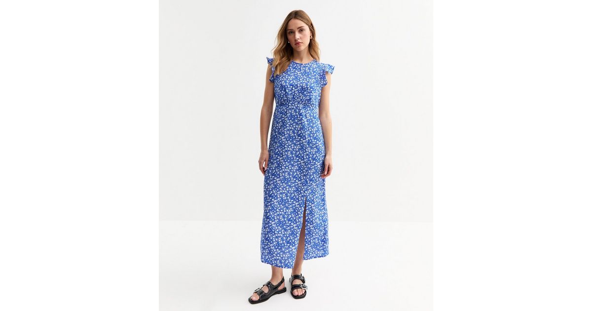 Blue Floral Print Slit Hem Midi Dress | New Look
