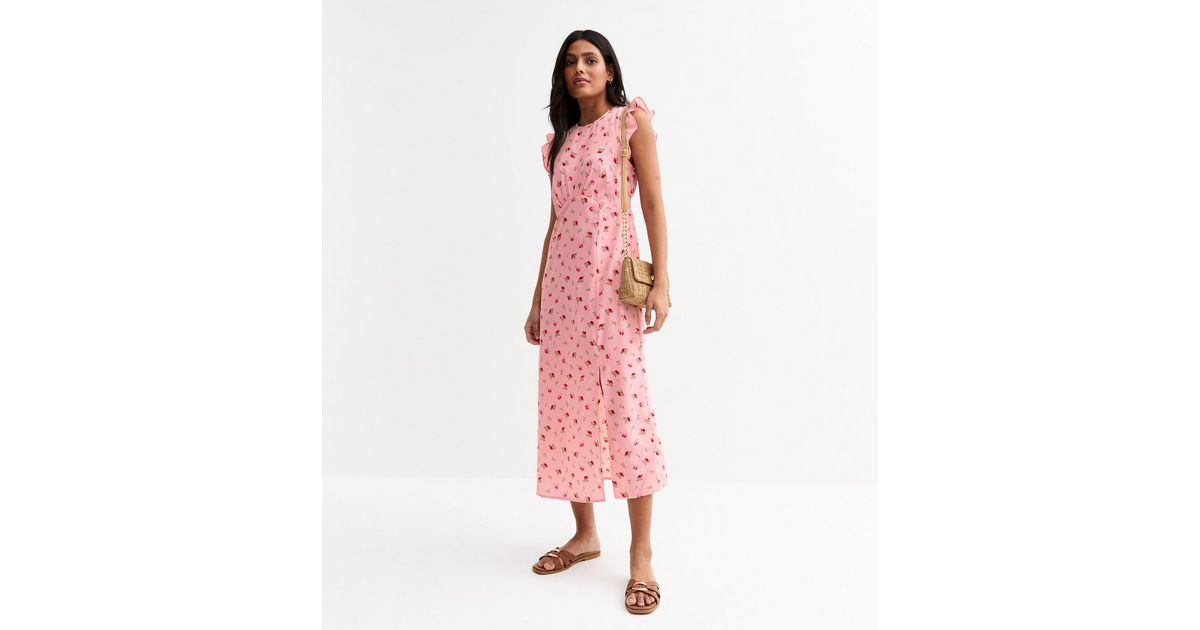 Rose pink frill dress with pink satin frill detailing on shoulder