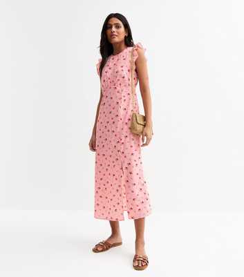 Pink Rose Print Frill Sleeve Midi Dress