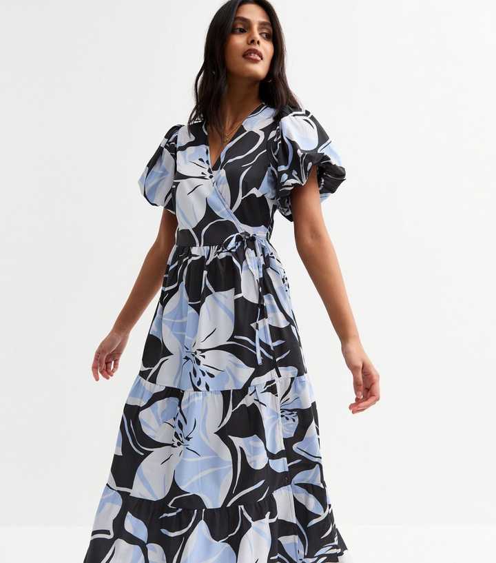Blue Floral Print Tiered Puff Sleeve Wrap Dress