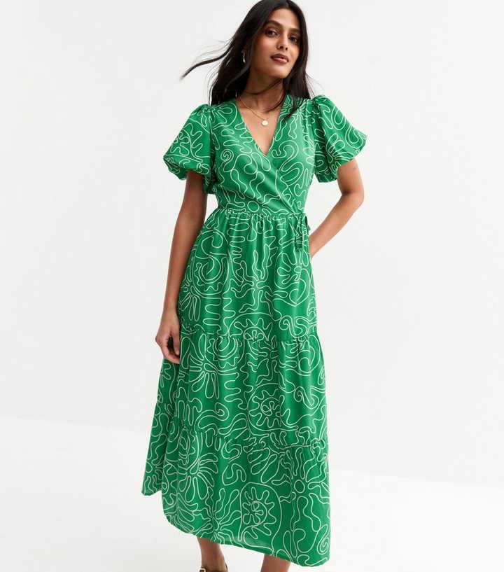 new look green floral wrap dress Printed long linen dress main image 1