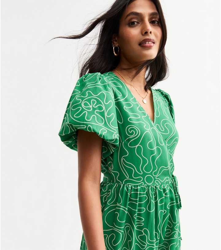 Green Swirl Print Tiered Midi Wrap Dress | New Look
