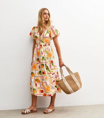 White Tropical Print Wrap Midi Dress | New Look