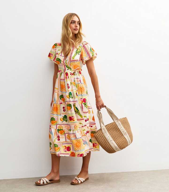 White Tropical Print Wrap Midi Dress