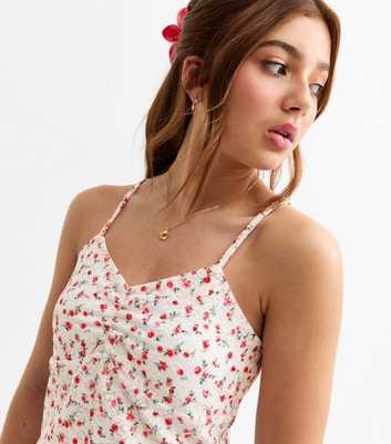 Girls White Floral Print Lace Cami Top