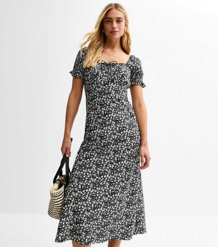 Black Floral Milkmaid Midi Dress
