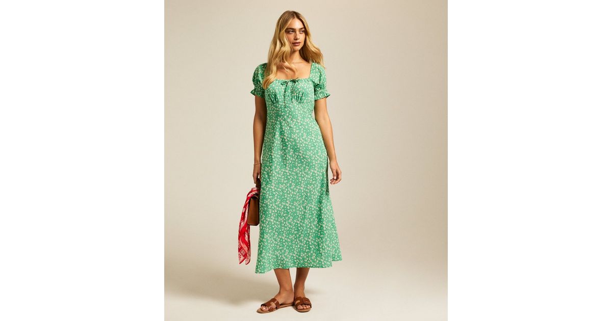 Green Floral Print Milkmaid Midi Dress | New Look
