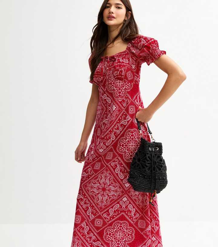Red Tile Print Square Neck Midi Dress