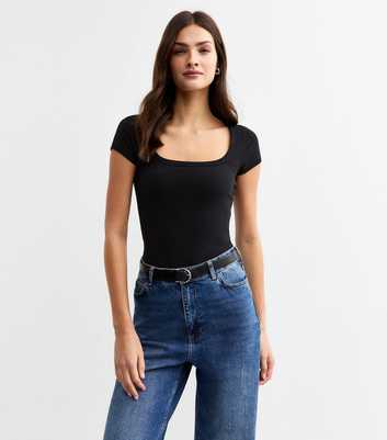 Black Ribbed Square Neck Top