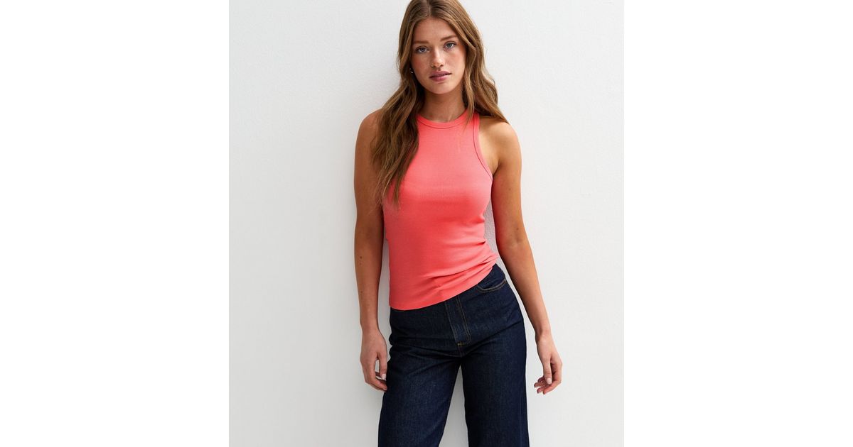 Dark Coral Rib Jersey Racer Vest New Look