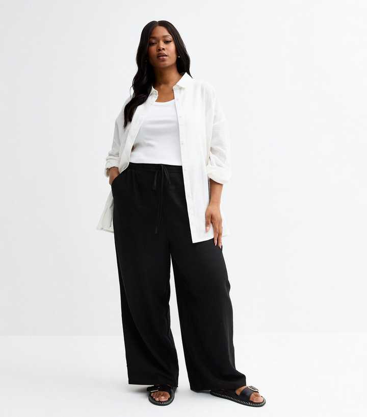 Curves Black Linen Blend Wide Leg Trousers