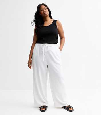 Curves White Linen Blend Wide Leg Trousers