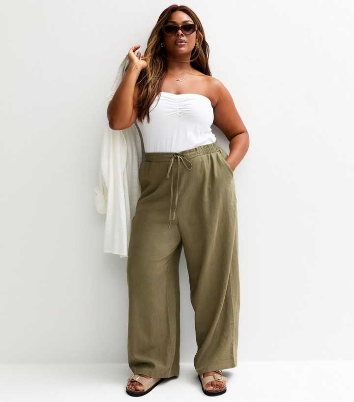 Curves Khaki Linen Blend Wide Leg Trousers