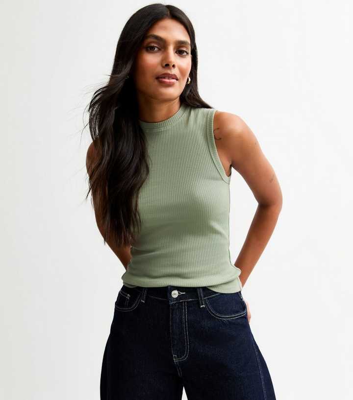 Green Ribbed Racerback Tank Top
