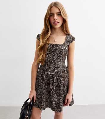 Girls Brown Leopard Print Puff Sleeve Dress