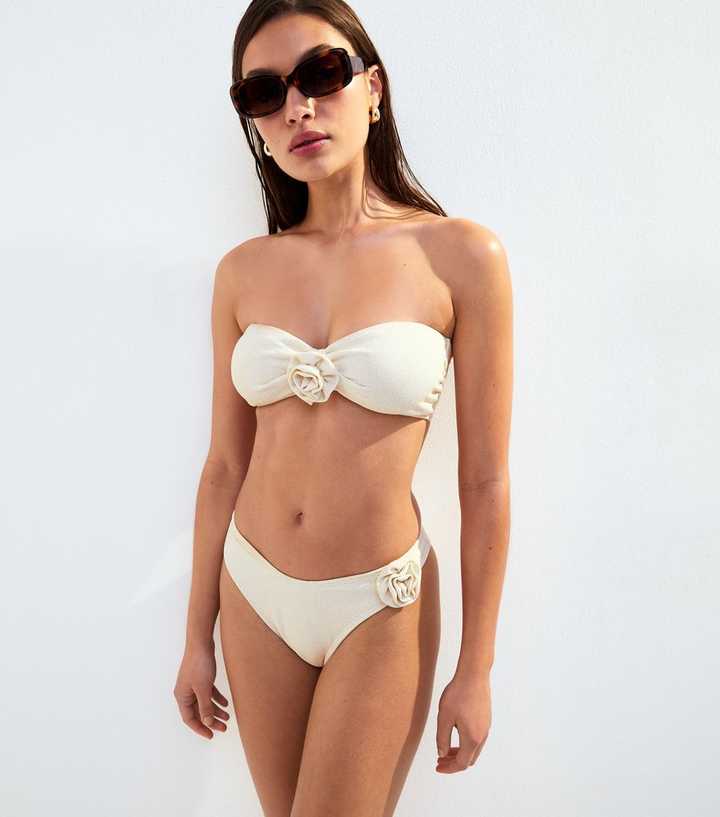 Cream Floral Applique Bandeau Bikini Top