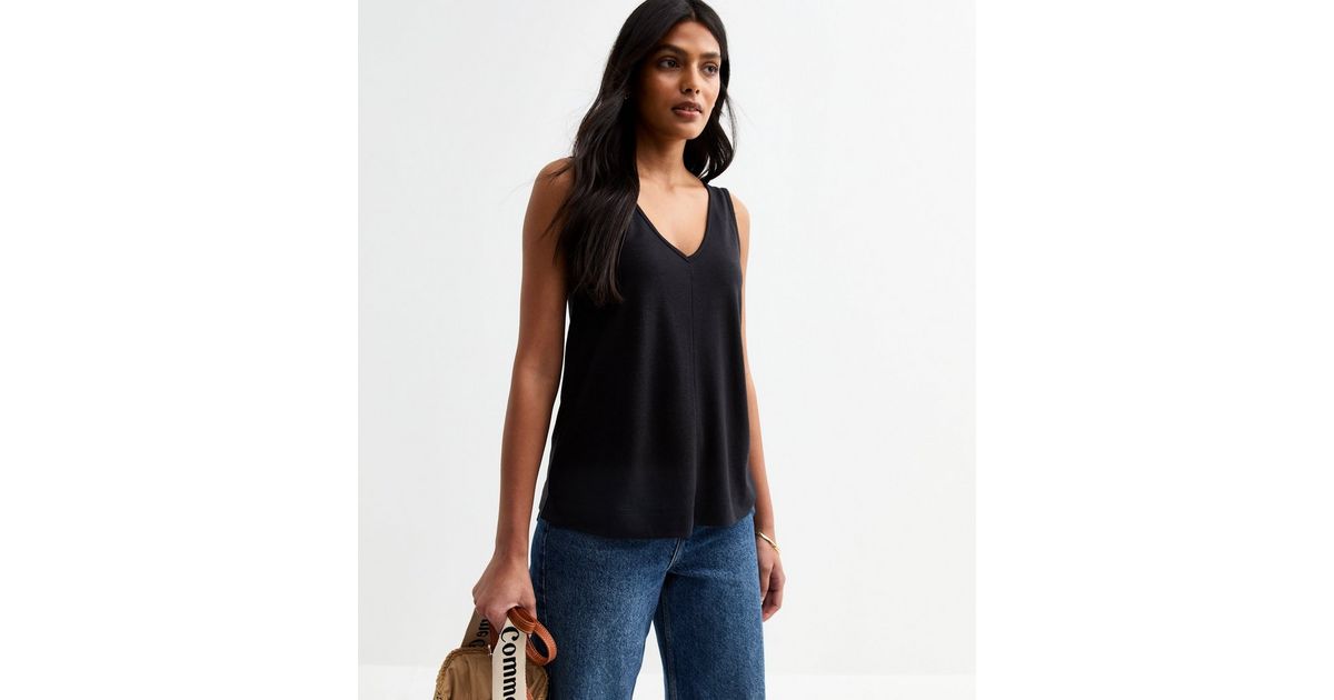 Black Linen Look V Front Tank Top | New Look