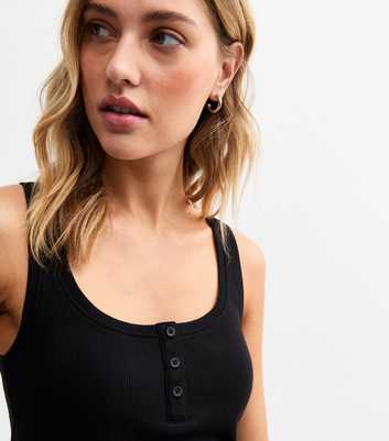 Black Button Tab Ribbed Vest Top