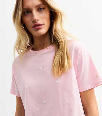 Pink Daisy Embroidered Relaxed T-Shirt