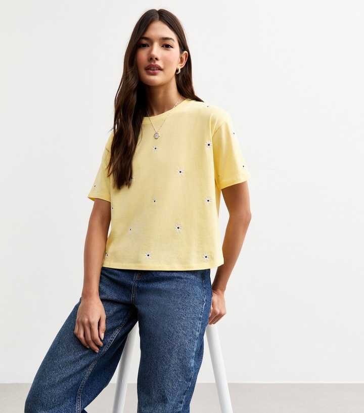 Yellow Daisy Embroidered Relaxed T-Shirt