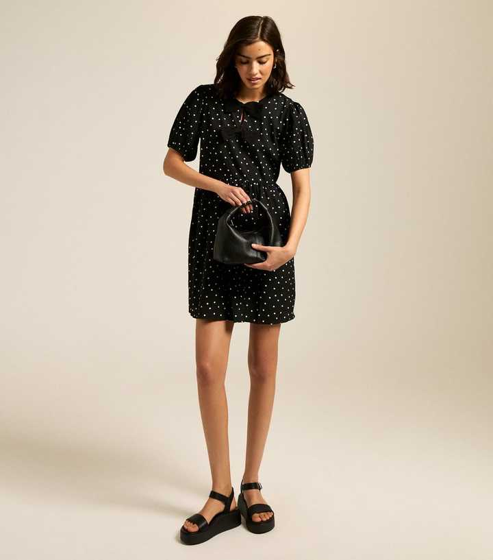 Black Bow Front Polka Dot Crinkle Texture Mini Dress New Look - Main Image