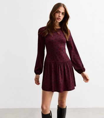 Burgundy Polka Dot Drop Waist Mini Dress New Look