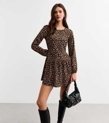 Brown Leopard Print Dropped Waist Textured Jersey Mini Dress