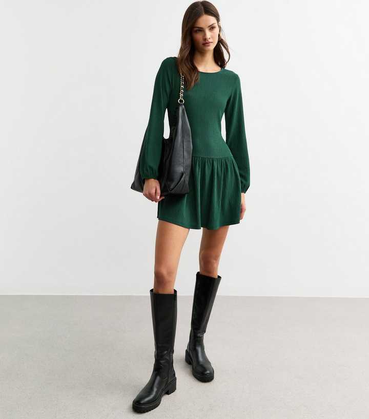 Dark Green Dropped Waist Textured Jersey Mini Dress | New Look Dark Green Dropped Waist Textured Jersey Mini Dress | New Look