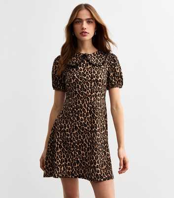 Brown Leopard Print Peter Pan Collar Mini Dress