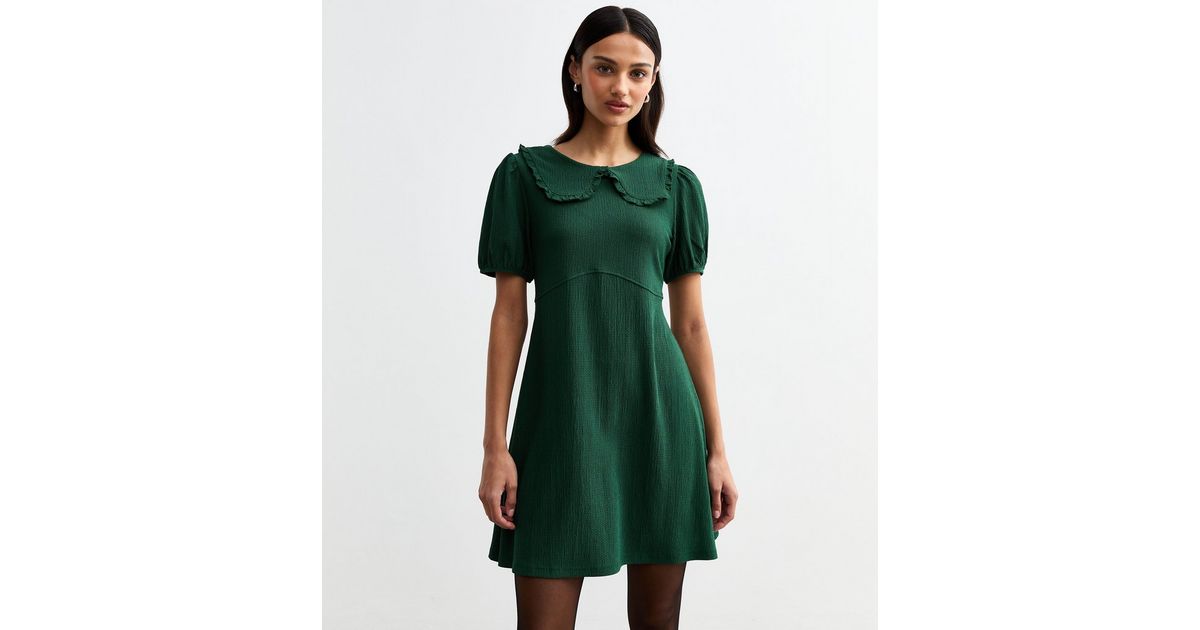 Moss Green Bracelet Sleeve Split Neck Scallop Detail Pleated Corduroy Mini Dress main image 0