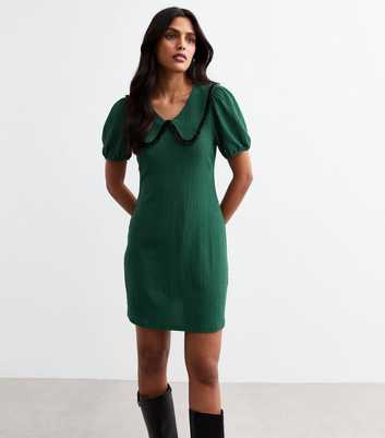 Dark Green Crinkle Contrast Collar Mini Dress