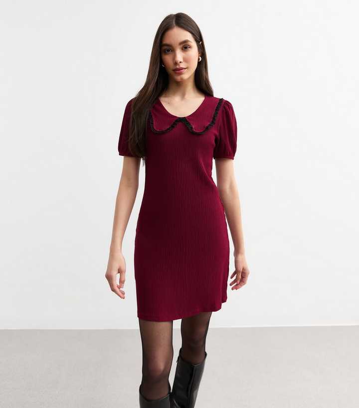 Burgundy Crinkled Jersey Peter Pan Collar Mini Dress